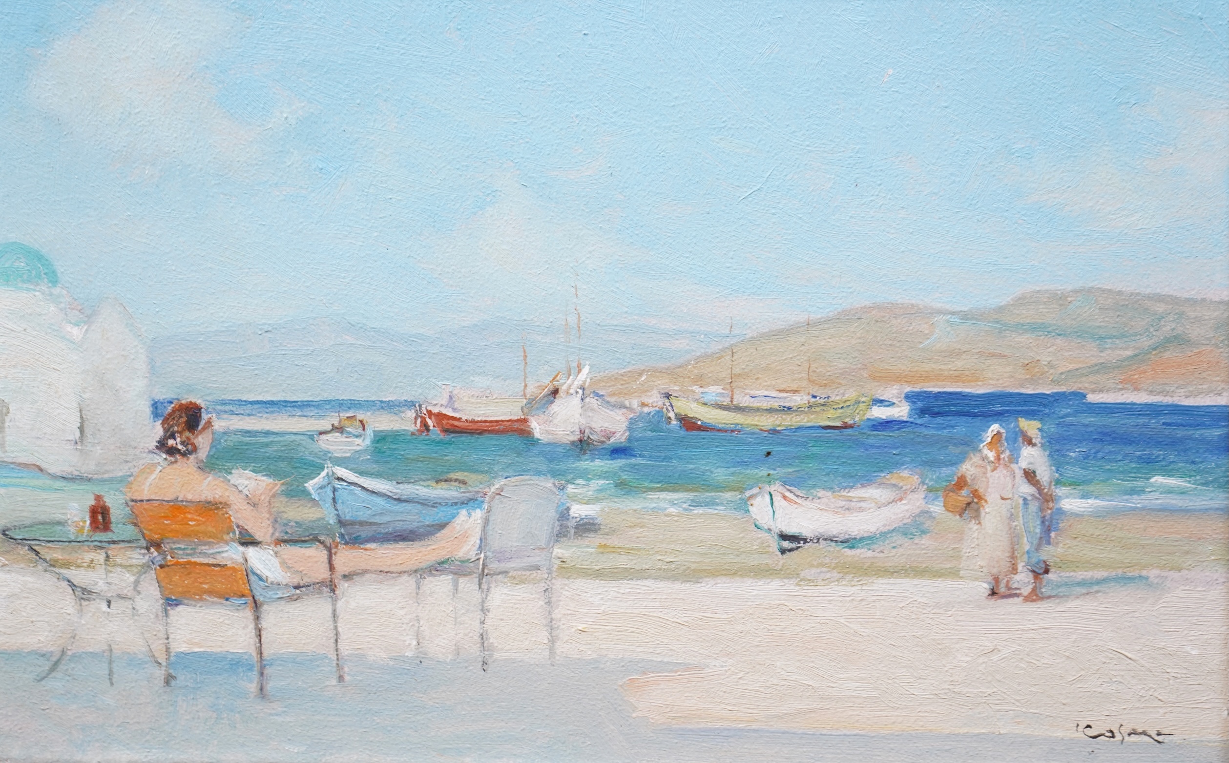 Georgios Kosmadopoulos, Greek 1895-1967, A Greek coastal scene with a figure relaxing to the foreground